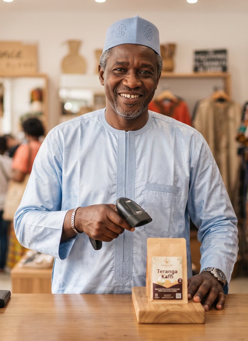 Commerçant souriant derrière le comptoir de sa boutique